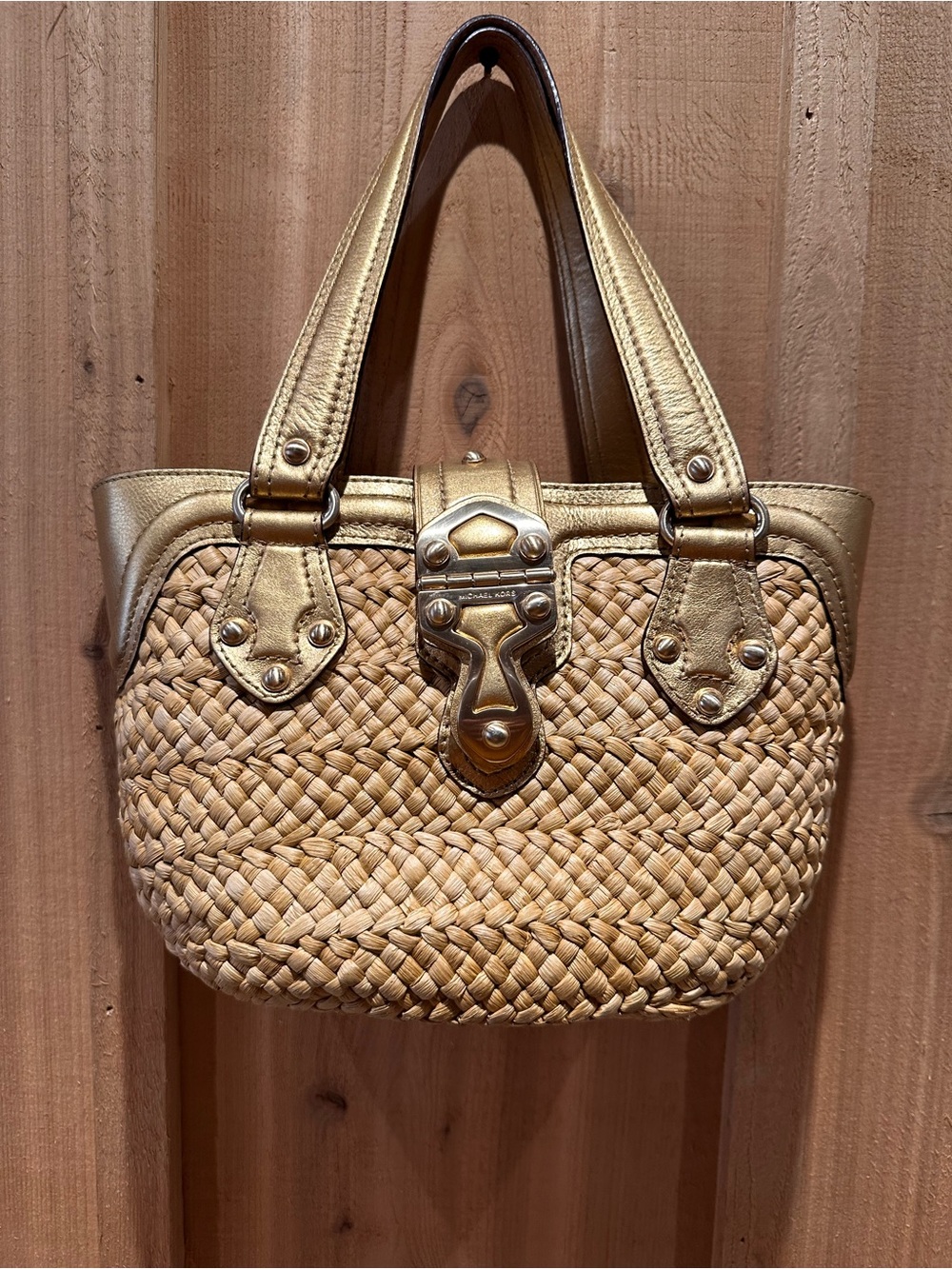 Michael Kors Santorini Mini Straw Bag with Gold Accents